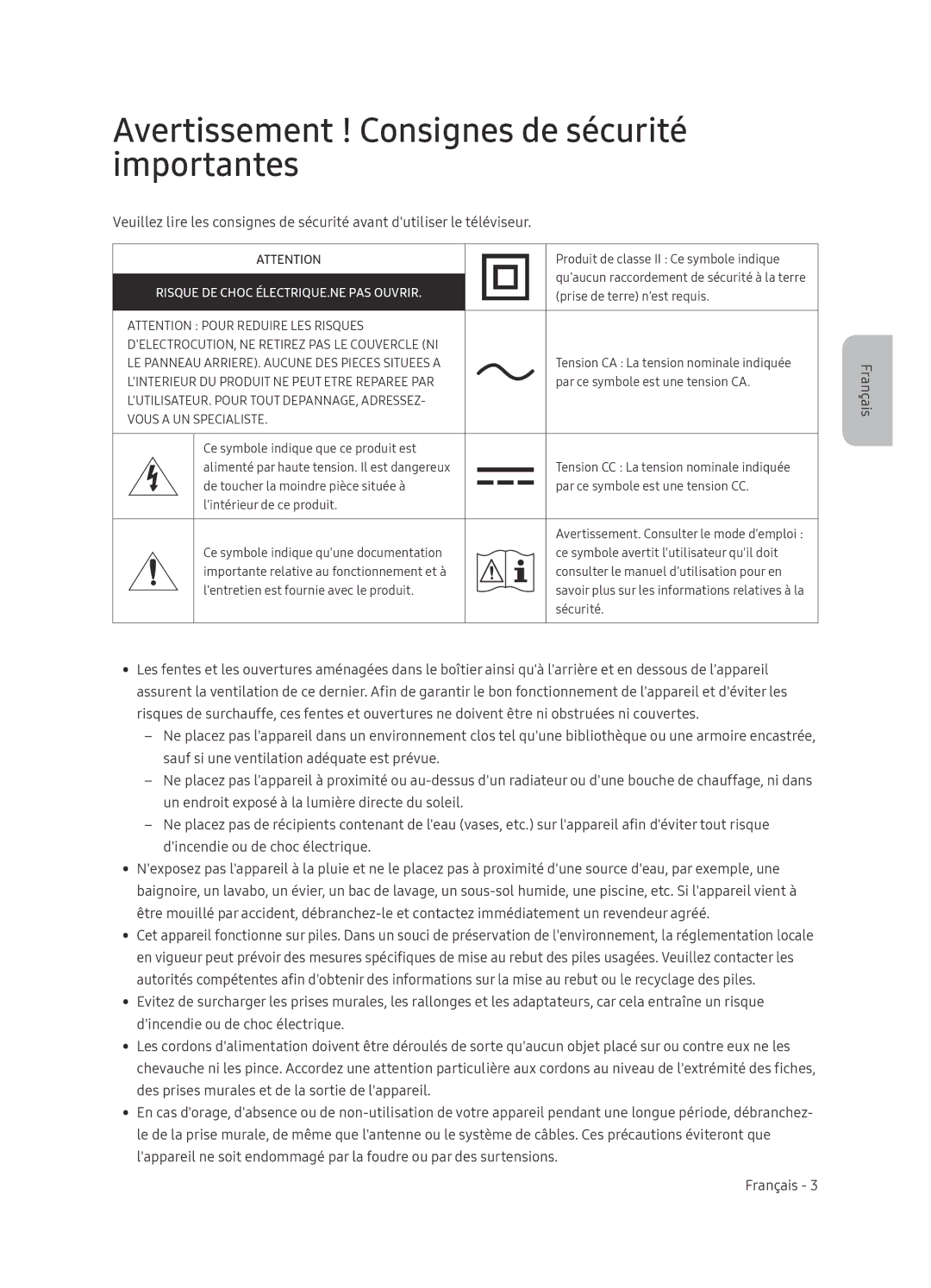 Samsung QE65Q8CNATXXH manual Avertissement ! Consignes de sécurité importantes, Risque DE Choc ÉLECTRIQUE.NE PAS Ouvrir 