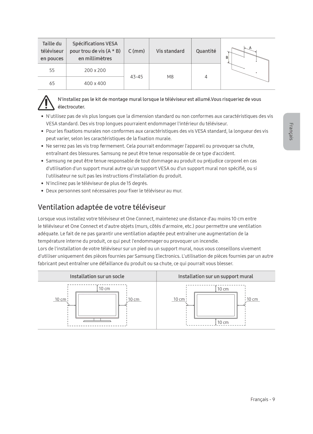 Samsung QE65Q8CNATXXH Ventilation adaptée de votre téléviseur, Installation sur un socle Installation sur un support mural 