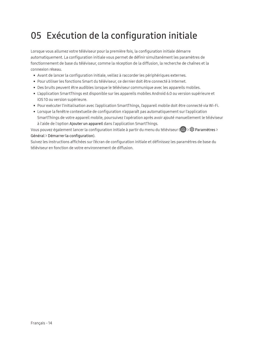 Samsung QE65Q8CNATXXH manual 05 Exécution de la configuration initiale, Général Démarrer la configuration 