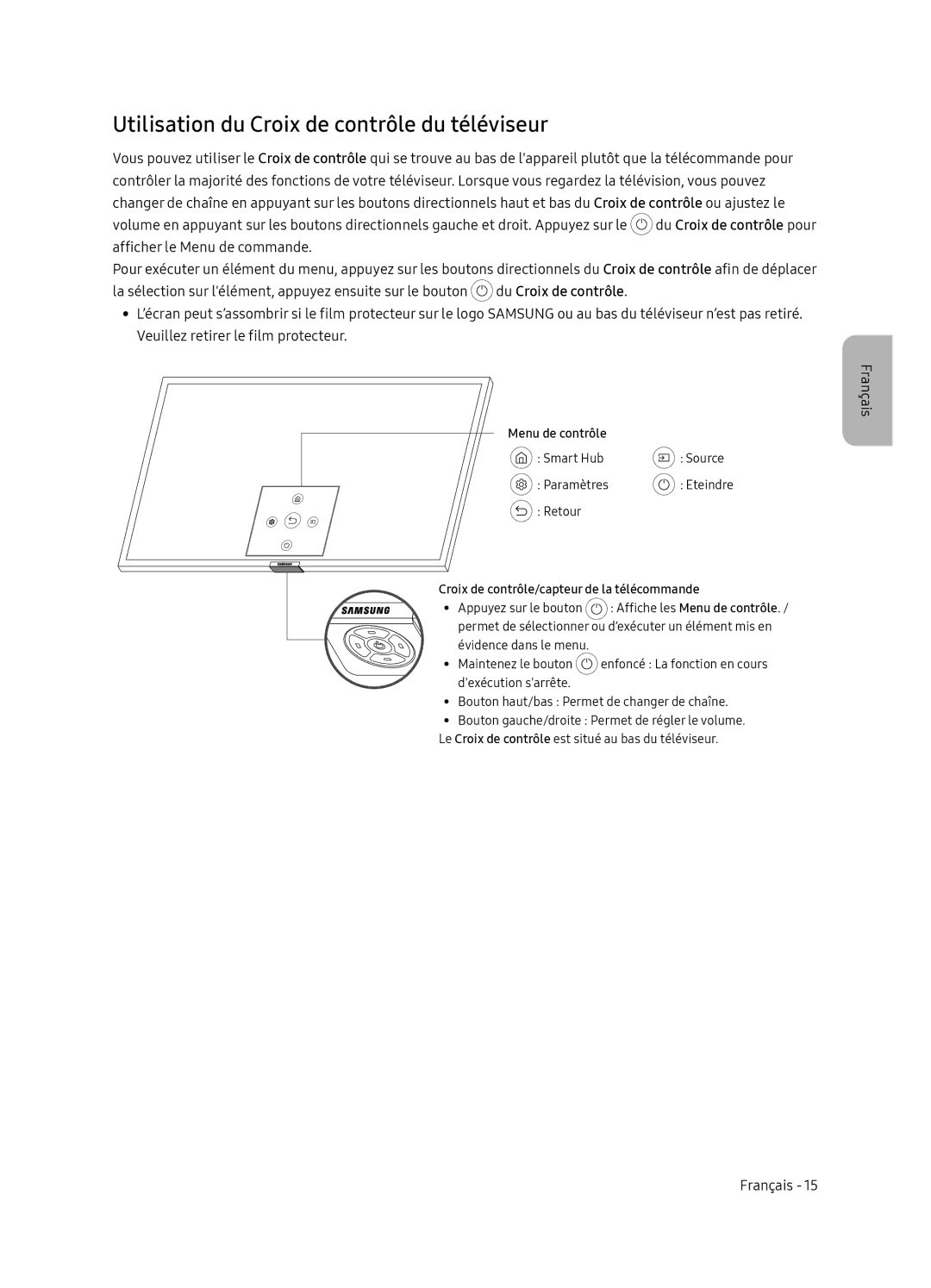 Samsung QE65Q8CNATXXH manual Utilisation du Croix de contrôle du téléviseur, Croix de contrôle/capteur de la télécommande 