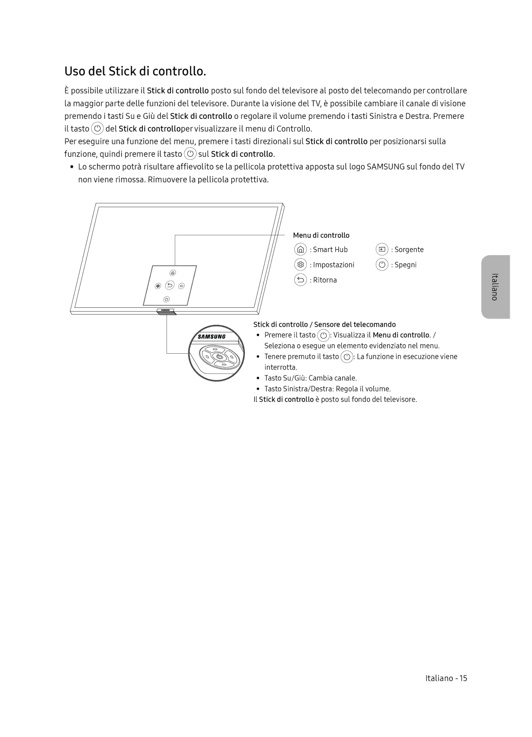 Samsung QE65Q8CNATXXH manual Uso del Stick di controllo, Stick di controllo / Sensore del telecomando 