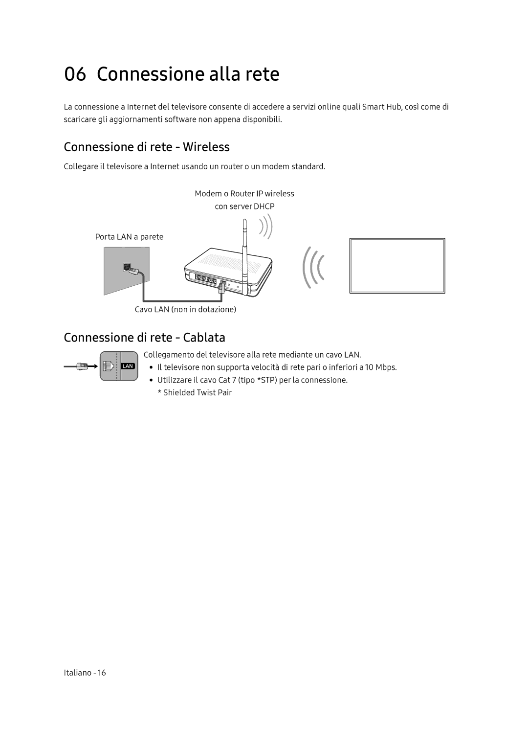 Samsung QE65Q8CNATXXH manual Connessione alla rete, Connessione di rete Wireless, Connessione di rete Cablata 