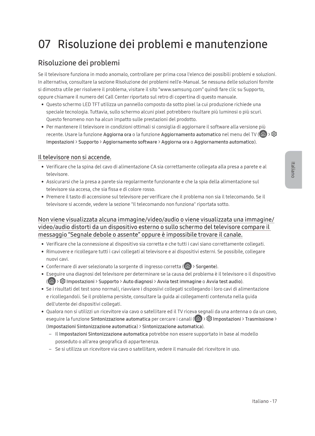 Samsung QE65Q8CNATXXH manual Risoluzione dei problemi, Il televisore non si accende 