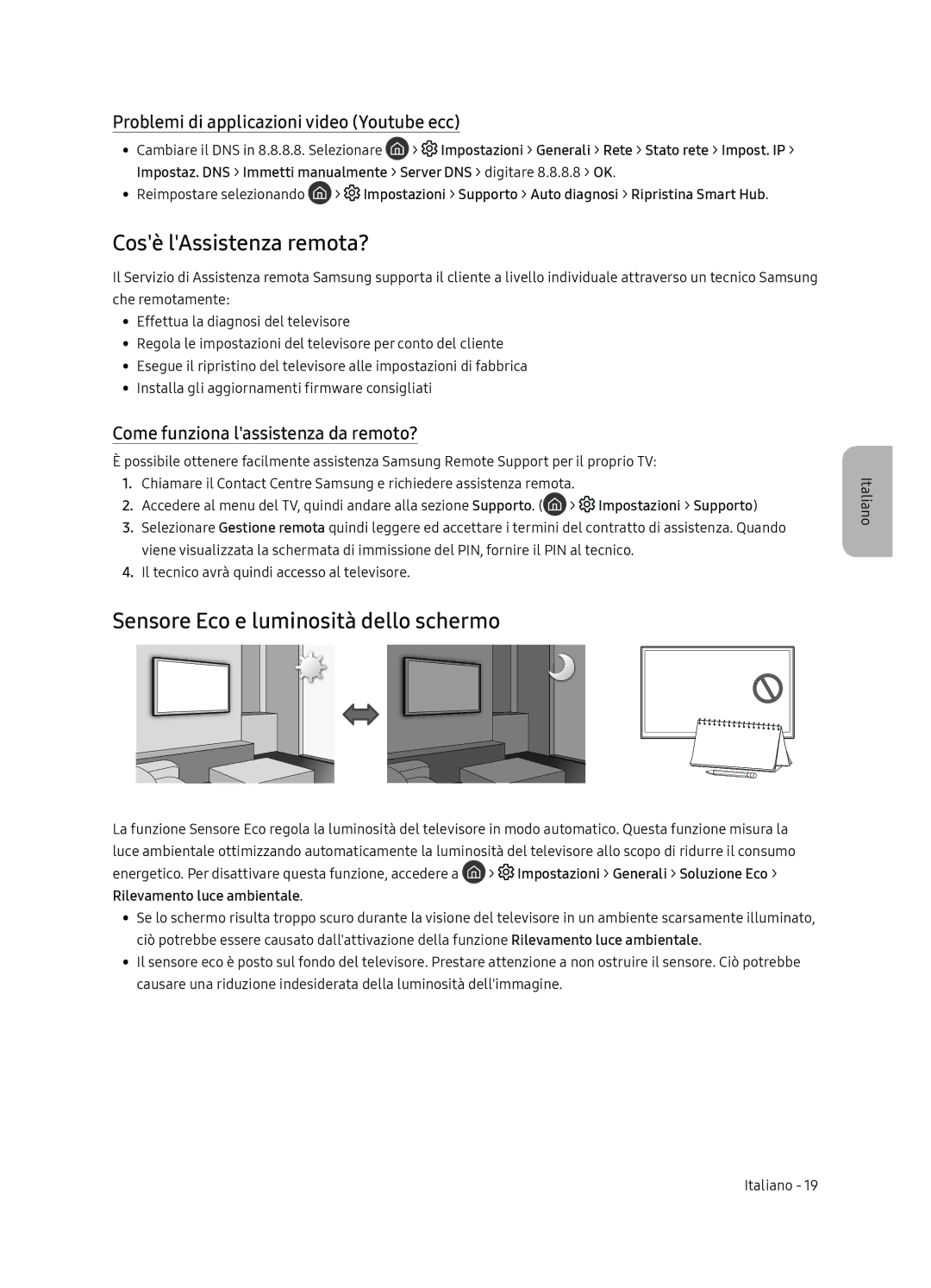 Samsung QE65Q8CNATXXH manual Cosè lAssistenza remota?, Sensore Eco e luminosità dello schermo 