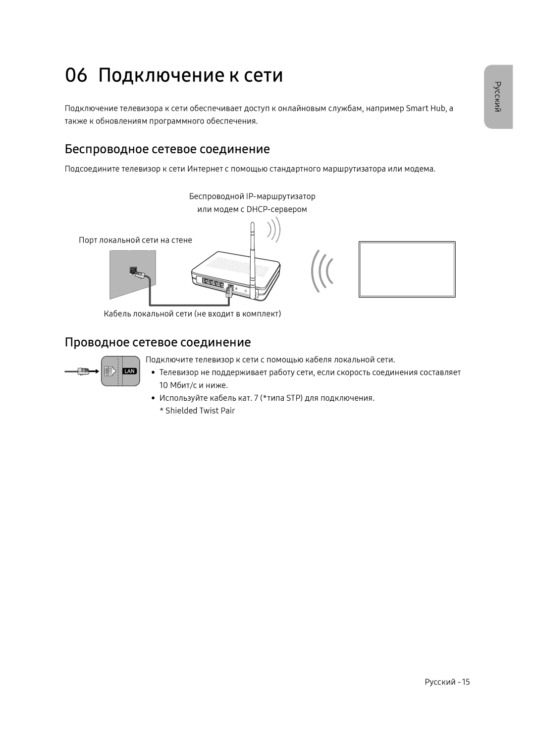 Samsung QE65Q8CNAUXRU manual 06 Подключение к сети, Беспроводное сетевое соединение, Проводное сетевое соединение 