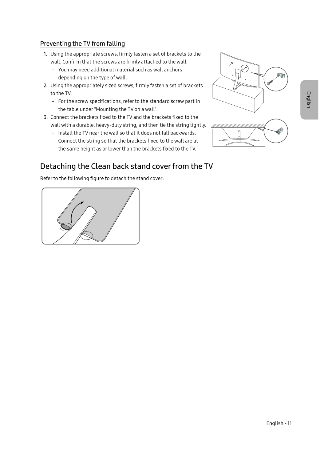 Samsung QE65Q8CNAUXRU manual Detaching the Clean back stand cover from the TV, Preventing the TV from falling 