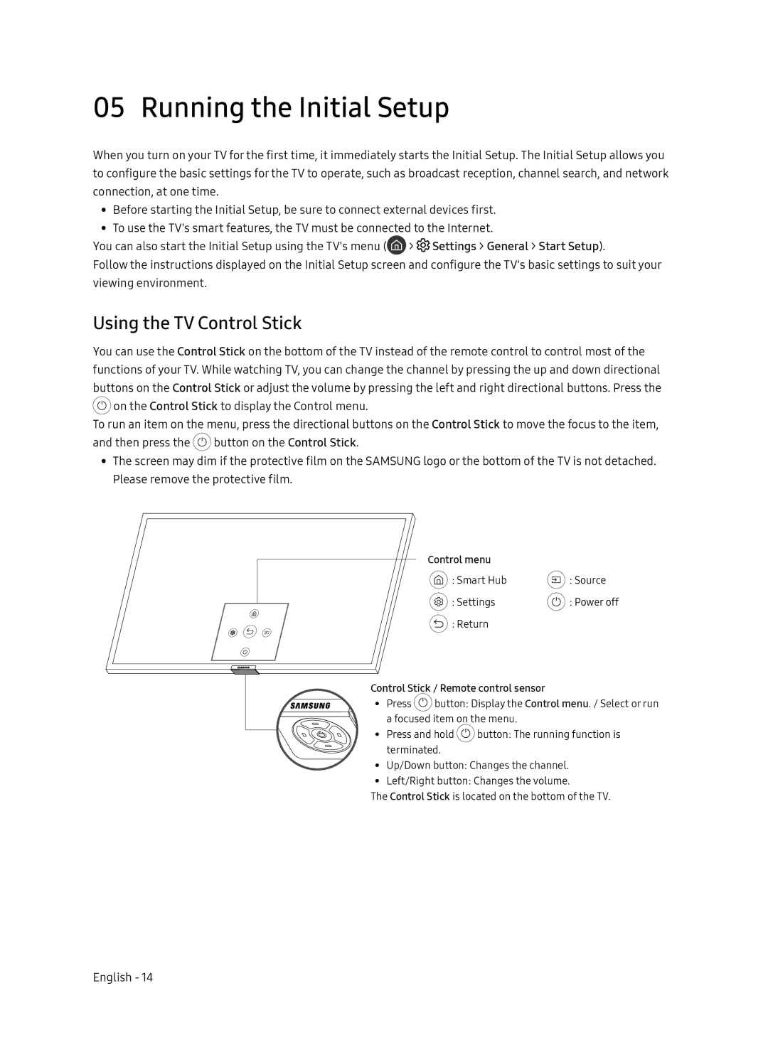 Samsung QE65Q8CNAUXRU manual Running the Initial Setup, Using the TV Control Stick 