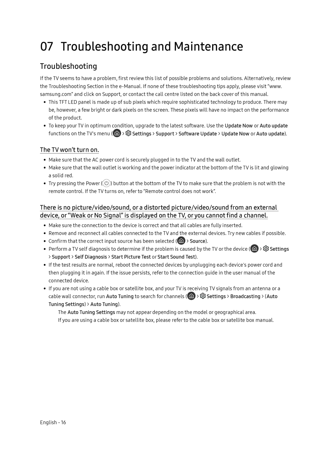 Samsung QE65Q8CNAUXRU manual Troubleshooting and Maintenance, TV won’t turn on 