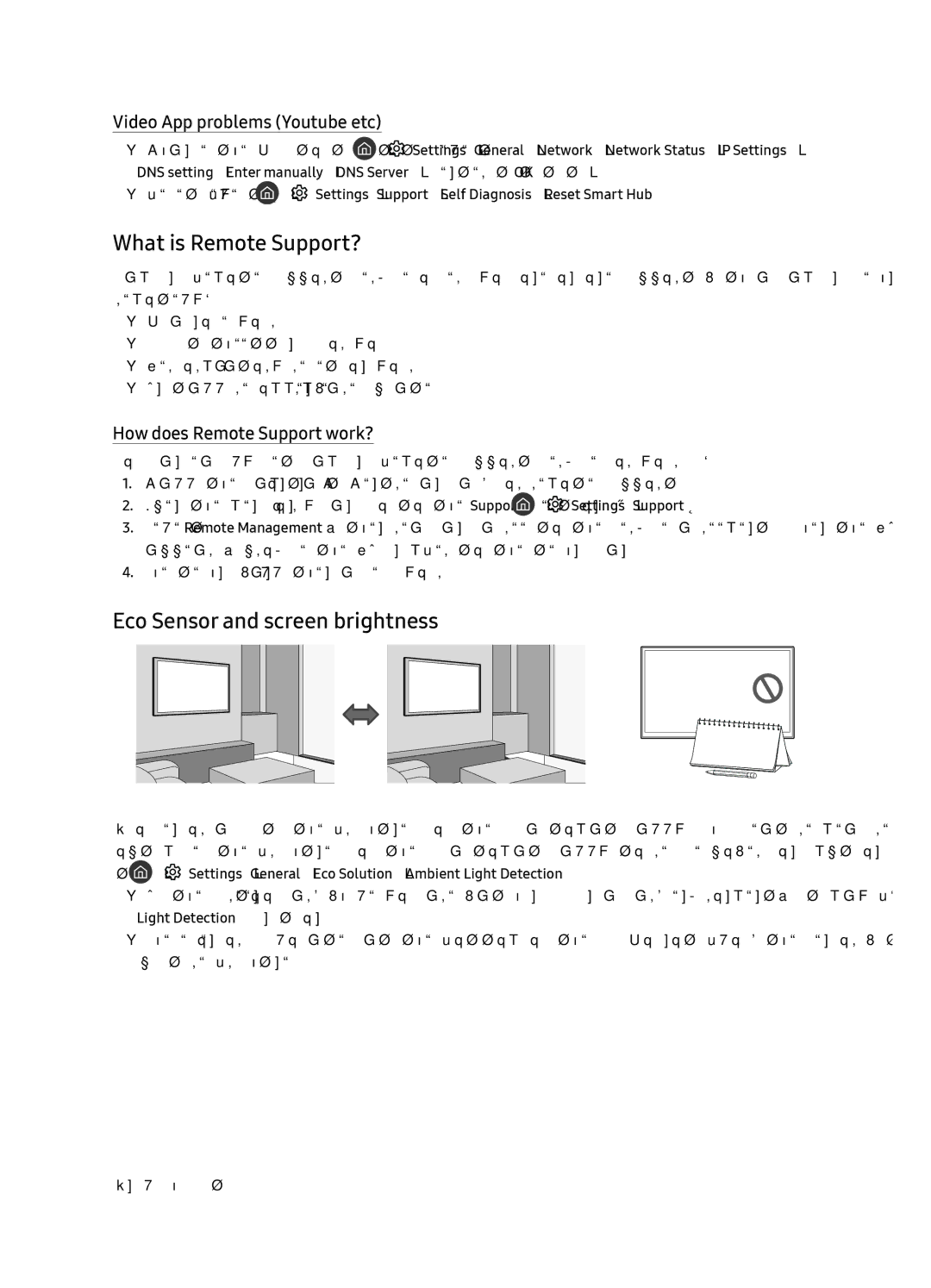 Samsung QE65Q8CNAUXRU manual What is Remote Support?, Eco Sensor and screen brightness, Video App problems Youtube etc 