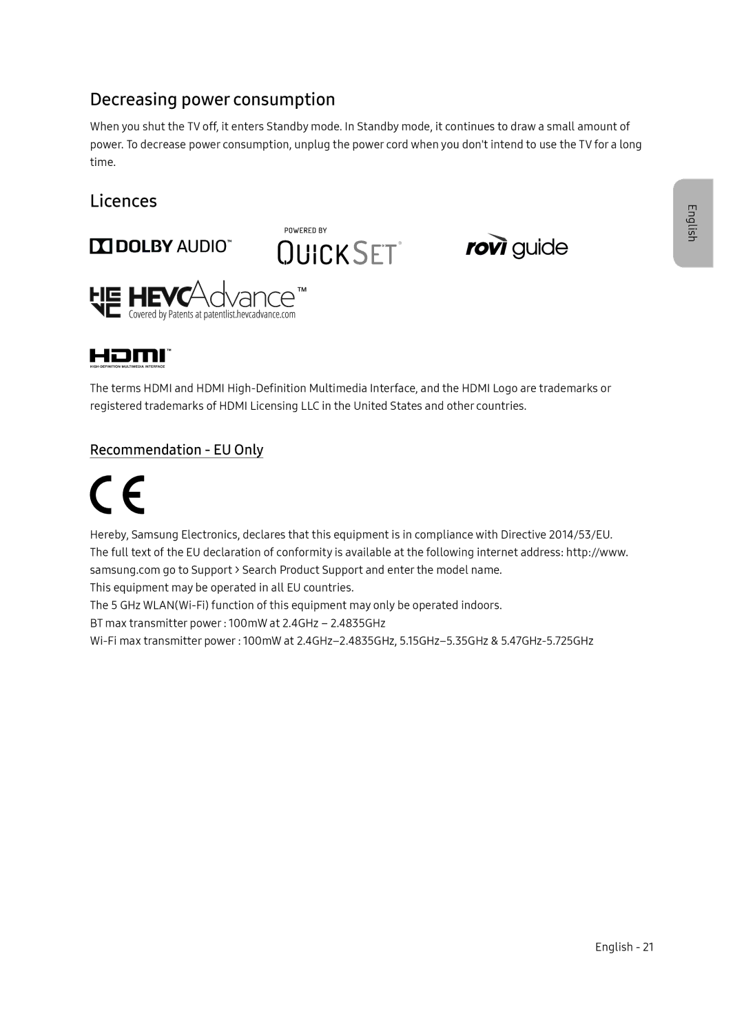 Samsung QE65Q8CNAUXRU manual Decreasing power consumption, Licences, Recommendation EU Only 