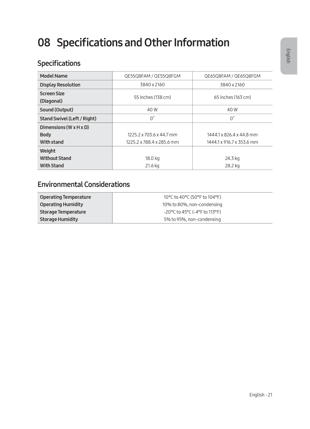 Samsung QE55Q8FAMTXZG, QE65Q8FGMTXZG, QE55Q8FGMTXZG manual Specifications and Other Information, Environmental Considerations 