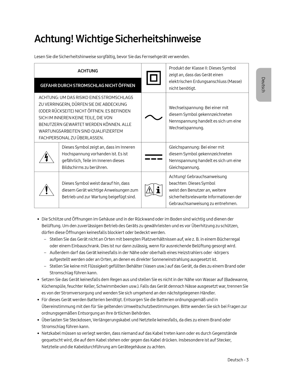 Samsung QE55Q8FAMTXXH, QE65Q8FGMTXZG, QE55Q8FGMTXZG, QE65Q8FAMTXZG, QE55Q8FAMTXZG manual Achtung! Wichtige Sicherheitshinweise 