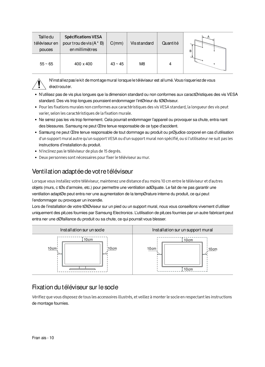 Samsung QE65Q8FGMTXZG, QE55Q8FGMTXZG manual Ventilation adaptée de votre téléviseur, Fixation du téléviseur sur le socle 