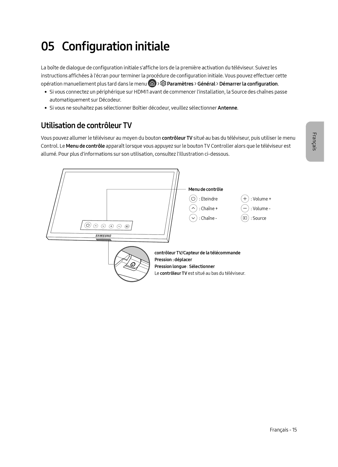 Samsung QE55Q8FAMTXZT, QE65Q8FGMTXZG, QE55Q8FGMTXZG, QE65Q8FAMTXZG manual Configuration initiale, Utilisation de contrôleur TV 