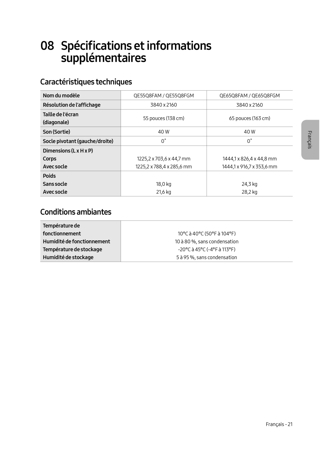 Samsung QE65Q8FAMTXZG, QE65Q8FGMTXZG, QE55Q8FGMTXZG, QE55Q8FAMTXZG manual Caractéristiques techniques, Conditions ambiantes 