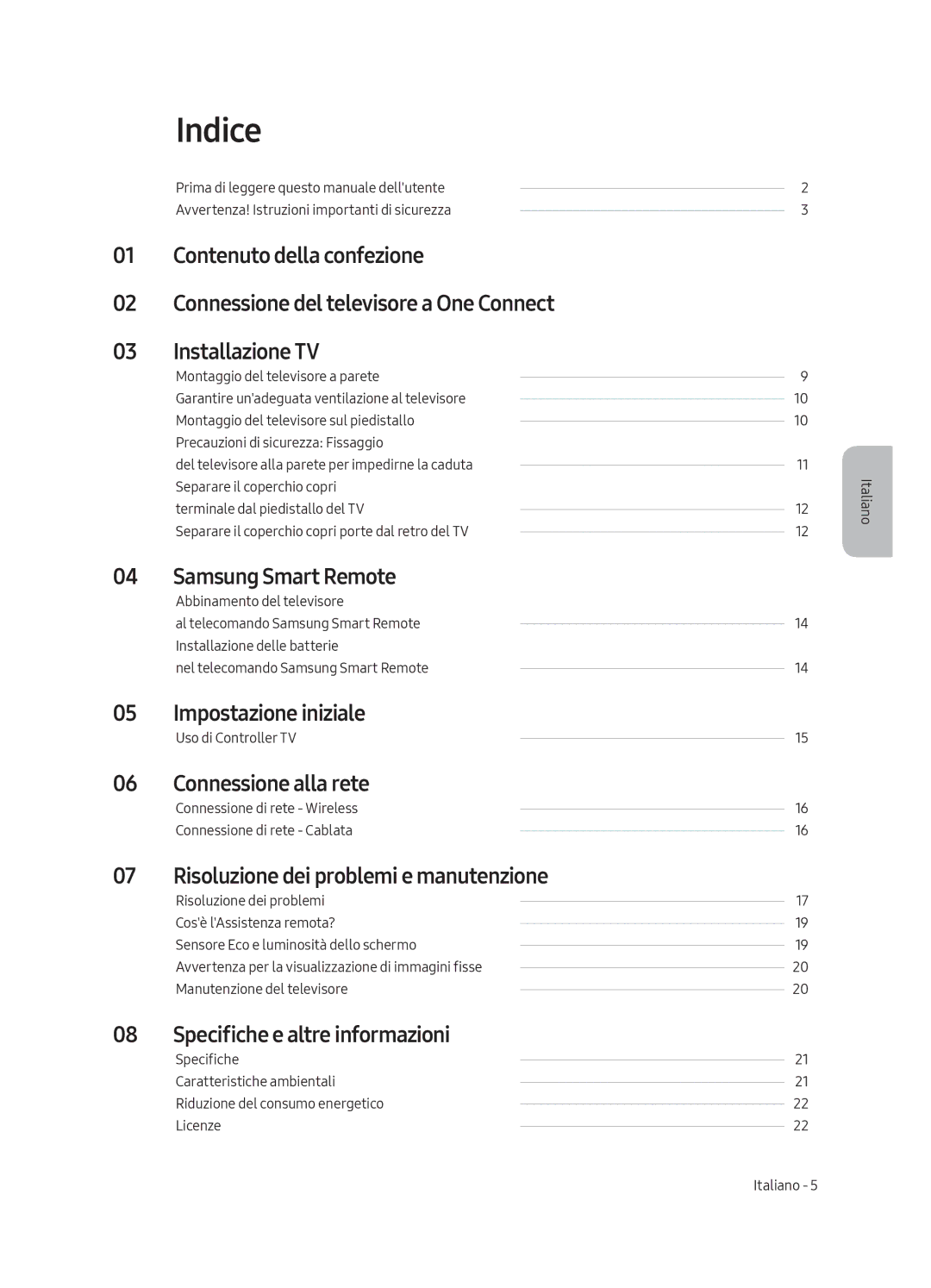 Samsung QE55Q8FAMTXXU manual Indice, Impostazione iniziale, Connessione alla rete, Risoluzione dei problemi e manutenzione 