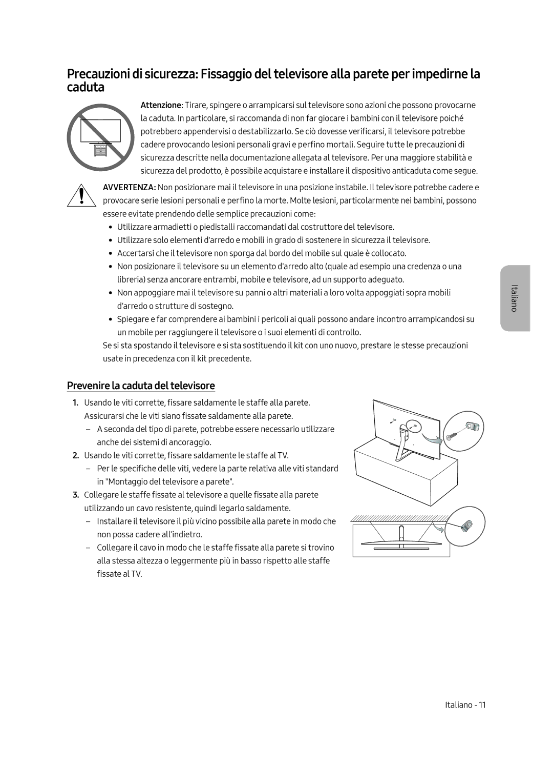 Samsung QE55Q8FAMTXZT, QE65Q8FGMTXZG, QE55Q8FGMTXZG, QE65Q8FAMTXZG, QE55Q8FAMTXZG manual Prevenire la caduta del televisore 