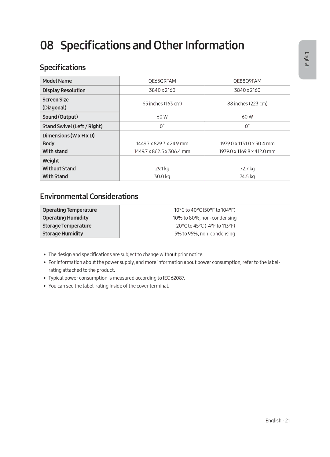 Samsung QE88Q9FAMLXXN, QE65Q9FAMLXXN manual Specifications and Other Information, Environmental Considerations 