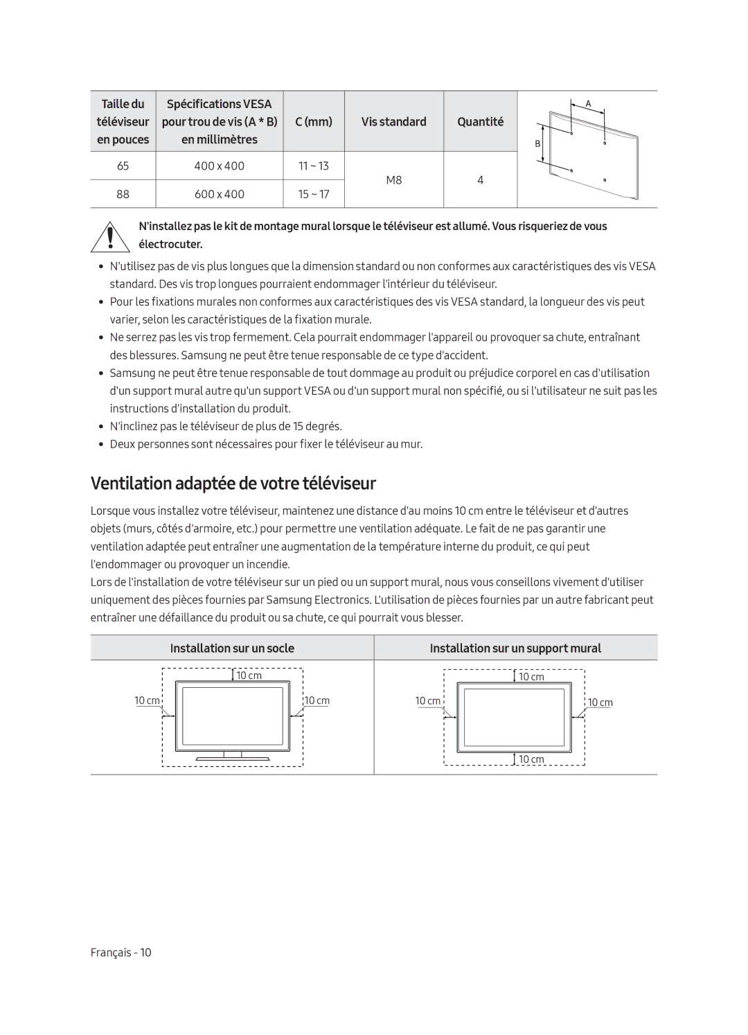 Samsung QE65Q9FAMLXXN manual Ventilation adaptée de votre téléviseur, Taille du, En millimètres, Installation sur un socle 