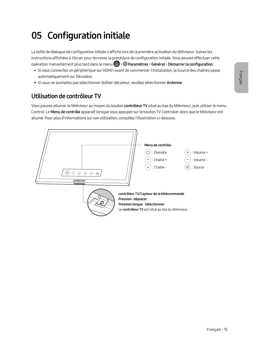 Samsung QE88Q9FAMLXXN, QE65Q9FAMLXXN manual Configuration initiale, Utilisation de contrôleur TV 