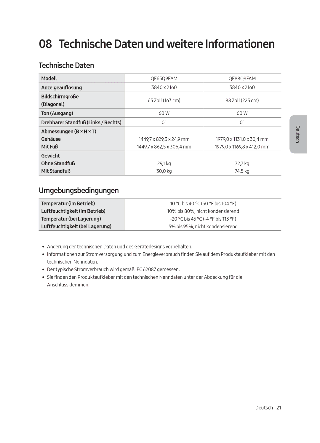 Samsung QE88Q9FAMLXXN, QE65Q9FAMLXXN manual Technische Daten, Umgebungsbedingungen 