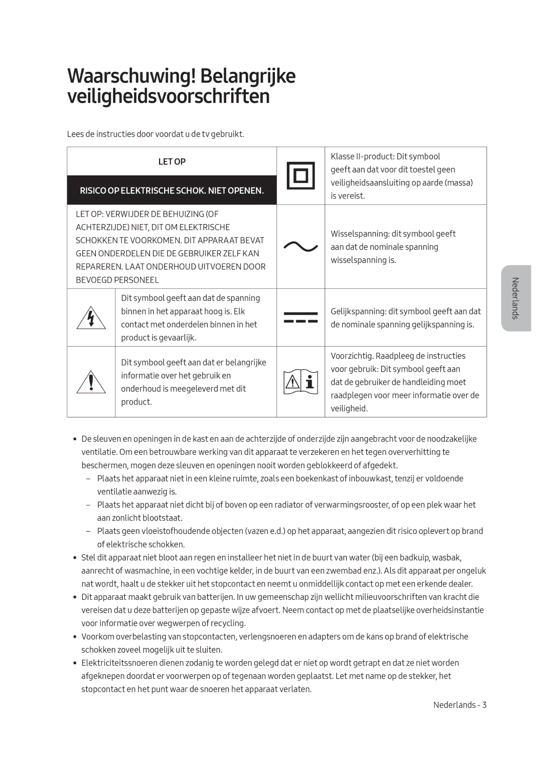 Samsung QE88Q9FAMLXXN, QE65Q9FAMLXXN manual Waarschuwing! Belangrijke veiligheidsvoorschriften 