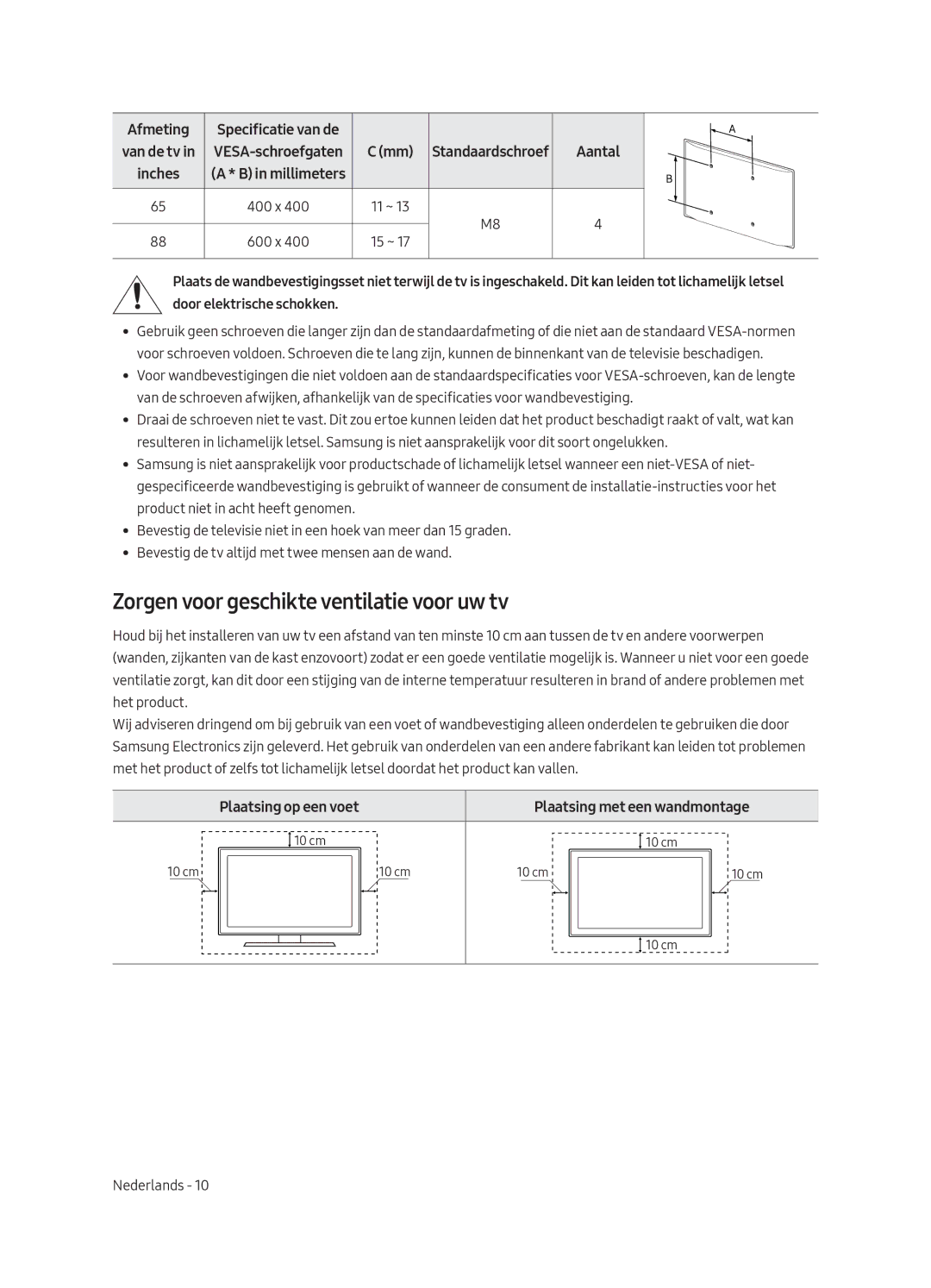 Samsung QE65Q9FAMLXXN, QE88Q9FAMLXXN manual Zorgen voor geschikte ventilatie voor uw tv, Plaatsing op een voet 