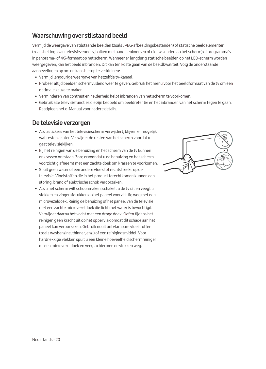 Samsung QE65Q9FAMLXXN, QE88Q9FAMLXXN manual Waarschuwing over stilstaand beeld, De televisie verzorgen 