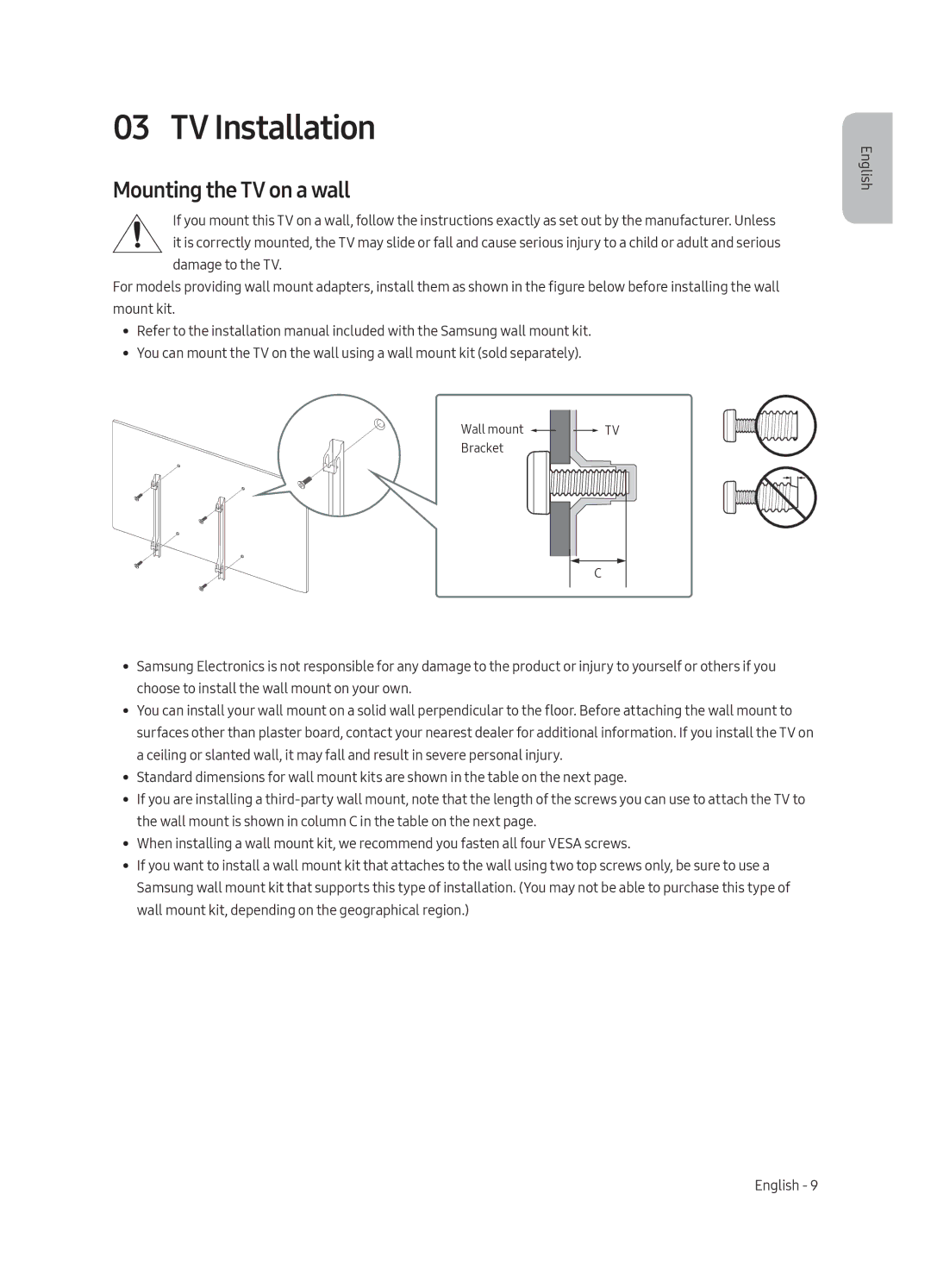 Samsung QE88Q9FAMLXXN, QE65Q9FAMLXXN manual TV Installation, Mounting the TV on a wall 