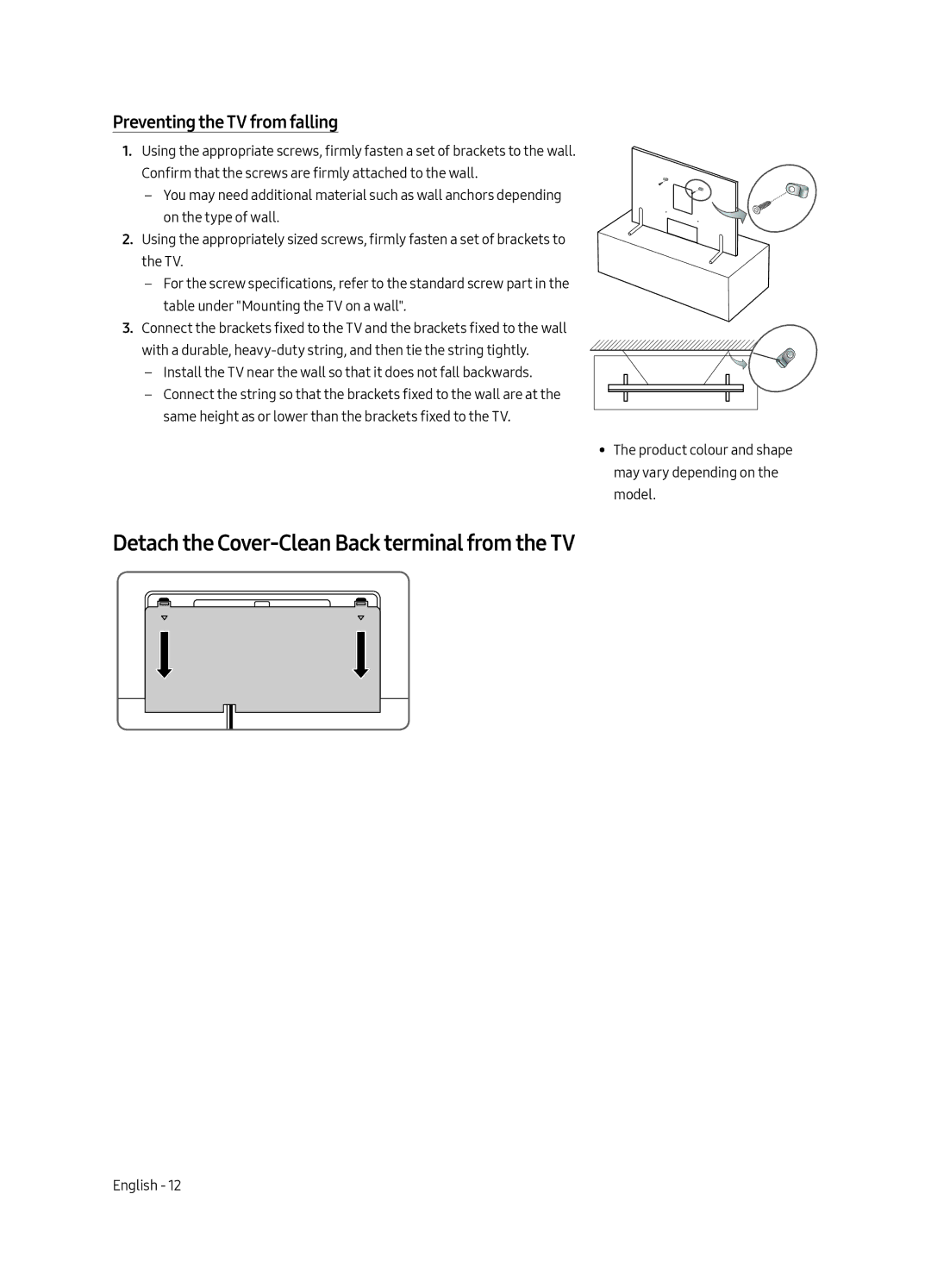 Samsung QE65Q9FAMTXXH, QE65Q9FAMTXZT manual Detach the Cover-Clean Back terminal from the TV, Preventing the TV from falling 