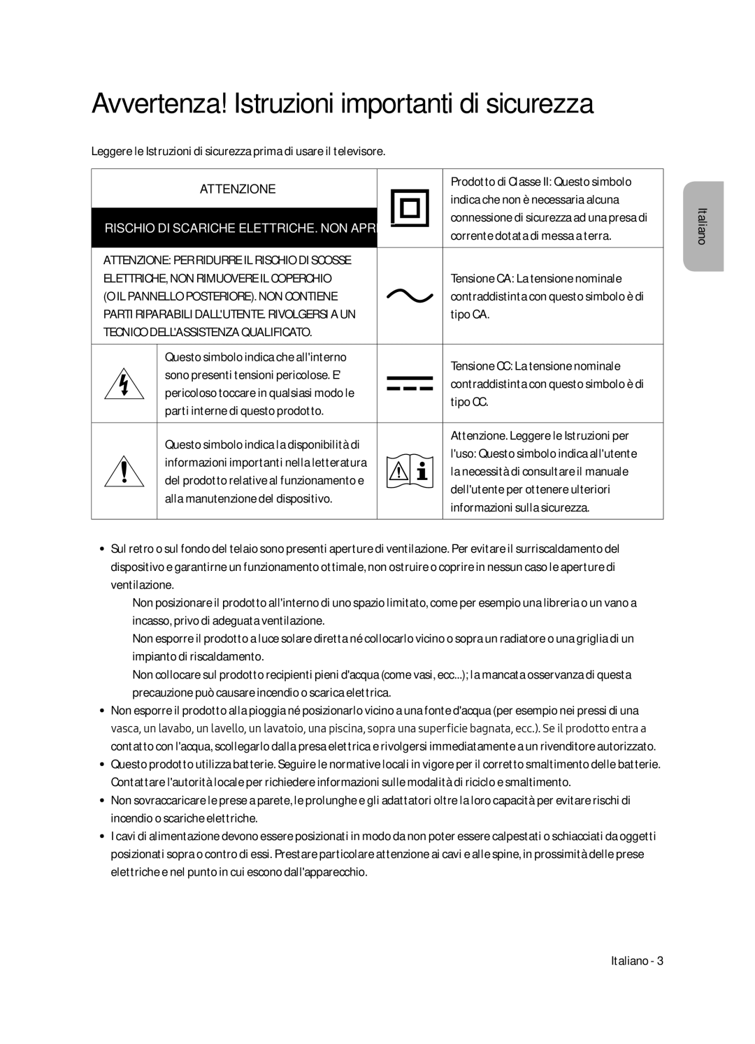 Samsung QE65Q9FAMTXZT, QE65Q9FAMTXXH, QE88Q9FAMTXZT, QE88Q9FAMTXXH manual Avvertenza! Istruzioni importanti di sicurezza 