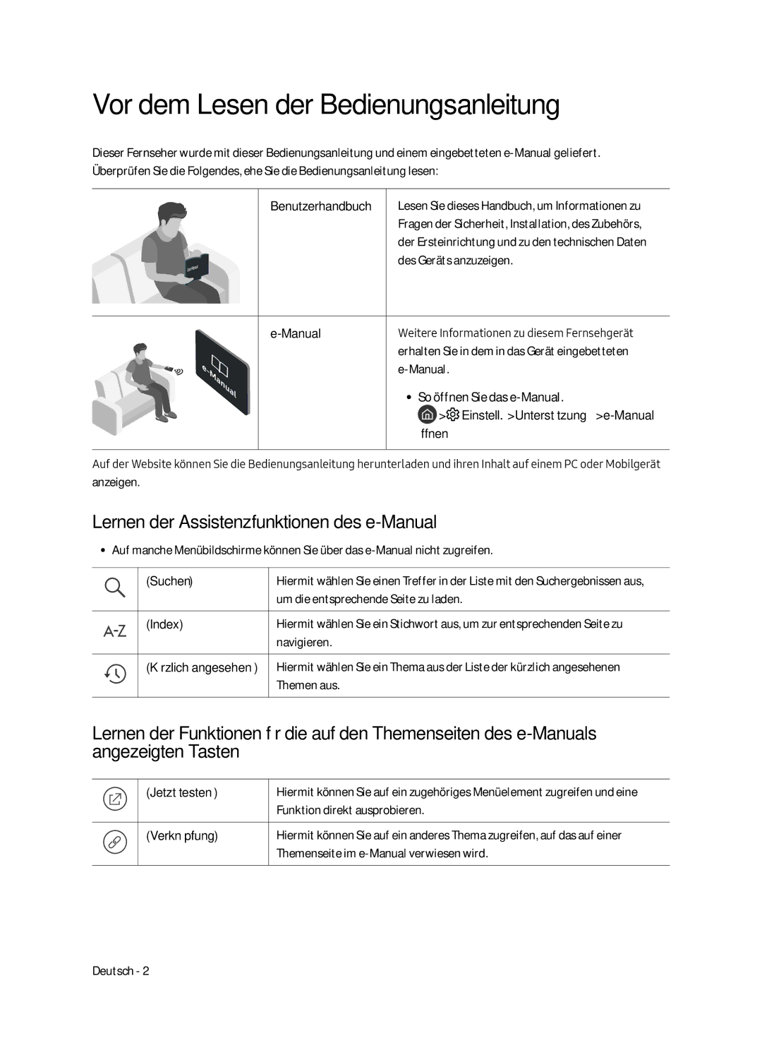 Samsung QE65Q9FAMTXXH, QE65Q9FAMTXZT Vor dem Lesen der Bedienungsanleitung, Lernen der Assistenzfunktionen des e-Manual 