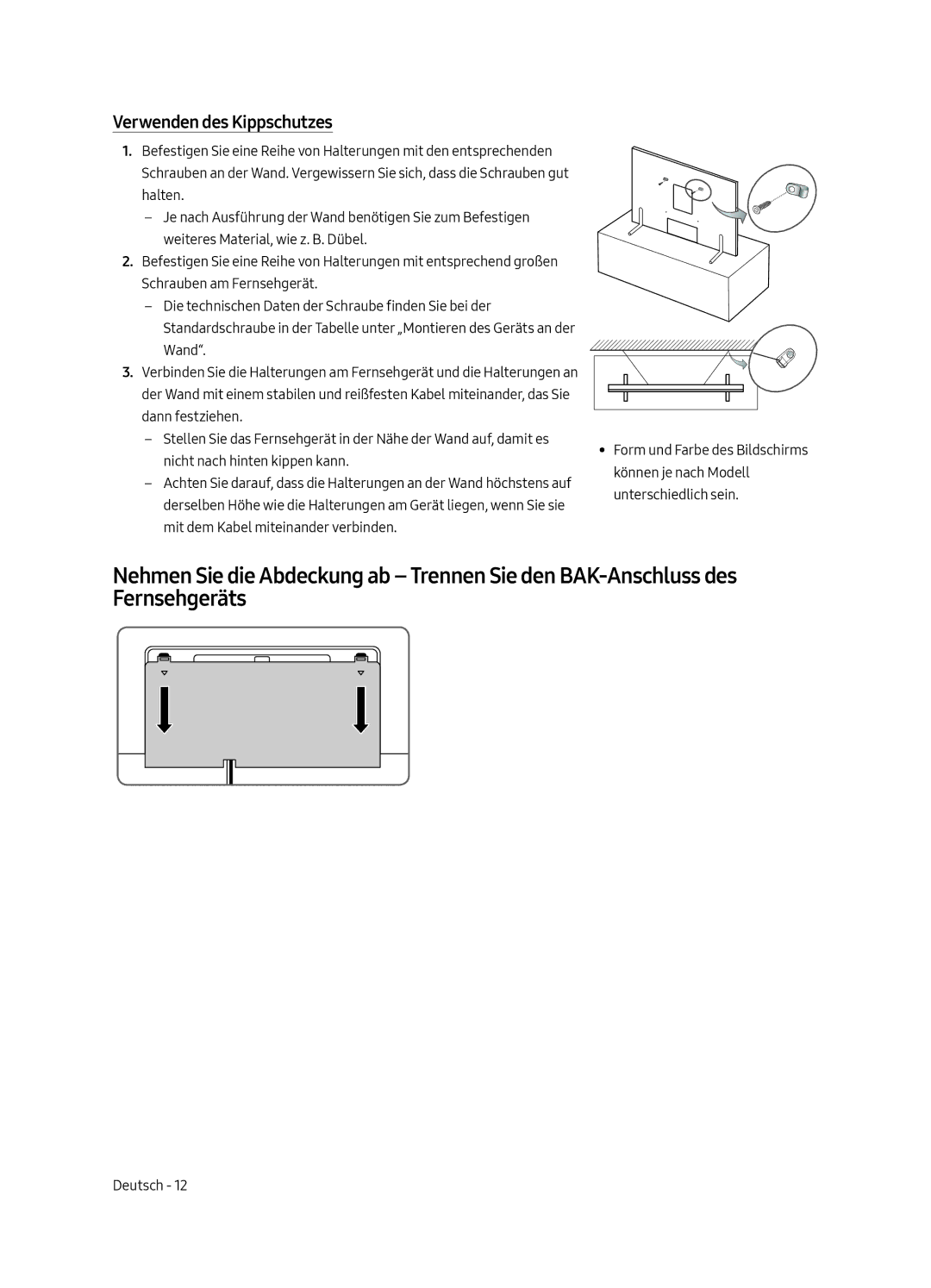 Samsung QE88Q9FAMTXZT, QE65Q9FAMTXXH, QE65Q9FAMTXZT, QE88Q9FAMTXXH manual Verwenden des Kippschutzes 