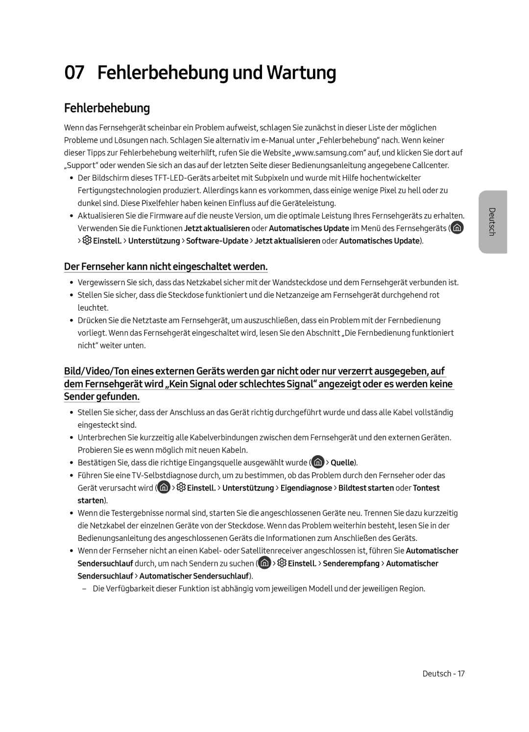 Samsung QE88Q9FAMTXXH, QE65Q9FAMTXXH manual Fehlerbehebung und Wartung, Der Fernseher kann nicht eingeschaltet werden 