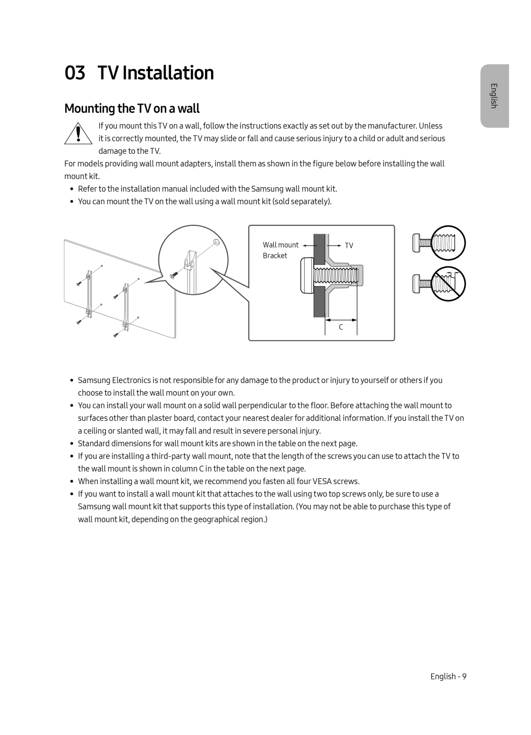 Samsung QE65Q9FAMTXZT, QE65Q9FAMTXXH, QE88Q9FAMTXZT, QE88Q9FAMTXXH manual TV Installation, Mounting the TV on a wall 