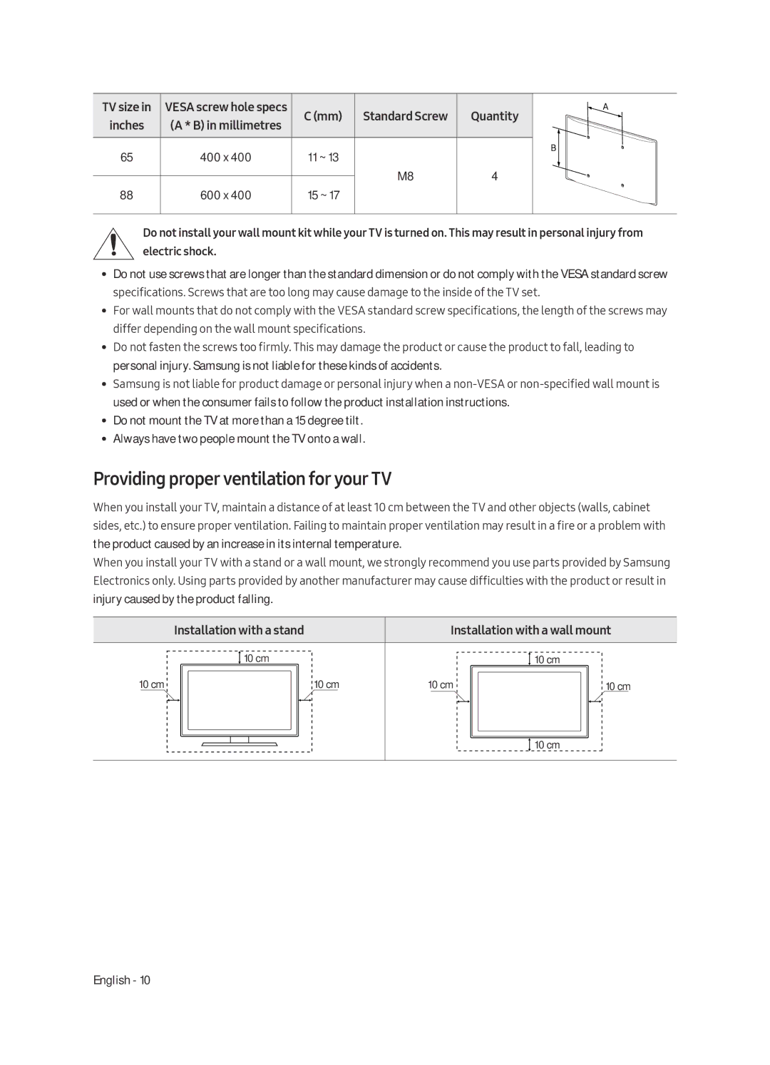 Samsung QE65Q9FAMTXXC Providing proper ventilation for your TV, Installation with a stand Installation with a wall mount 