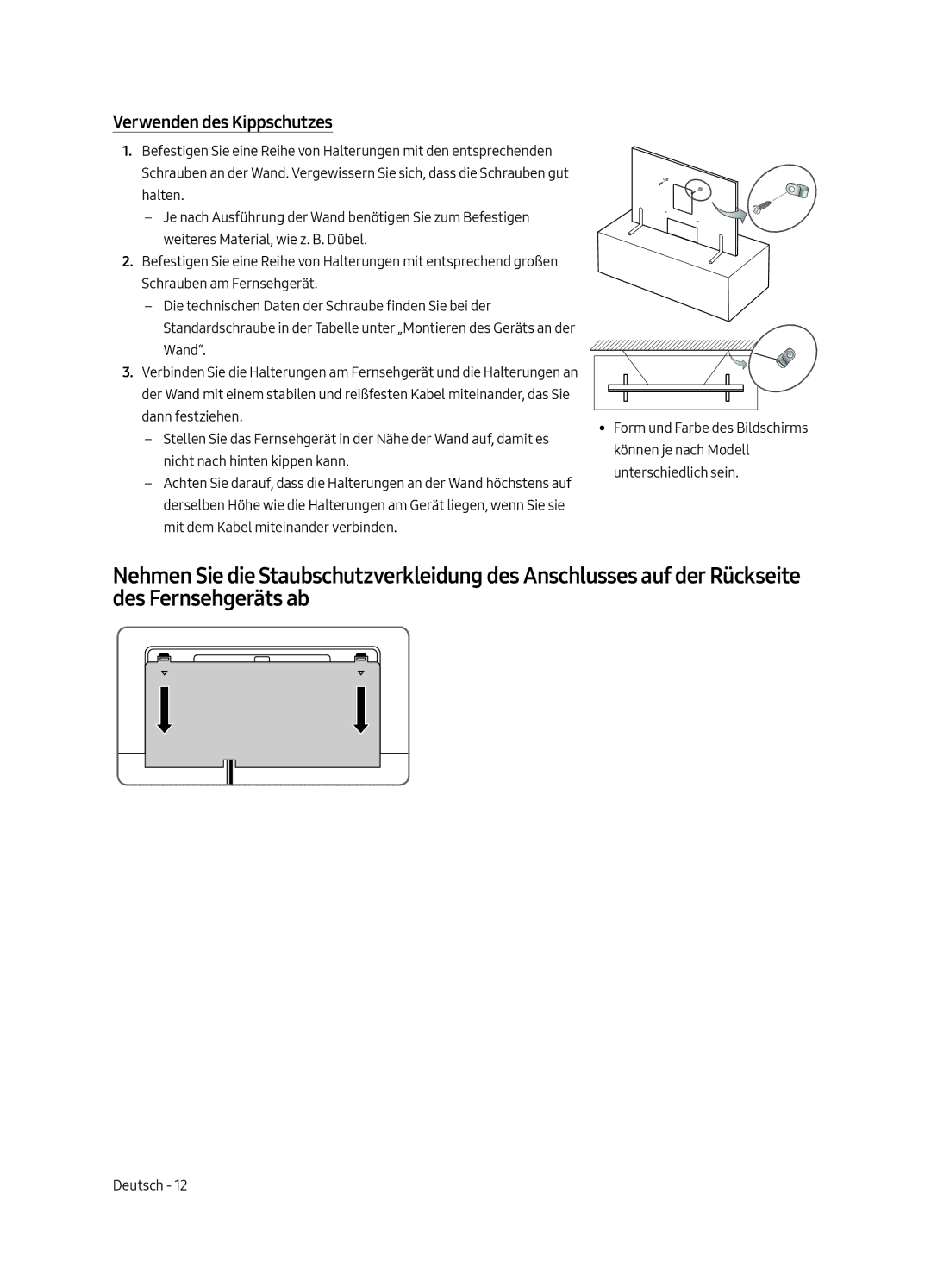 Samsung QE65Q9FAMTXXH, QE88Q9FAMTXXC, QE65Q9FAMTXXC, QE88Q9FAMTXXH manual Verwenden des Kippschutzes 