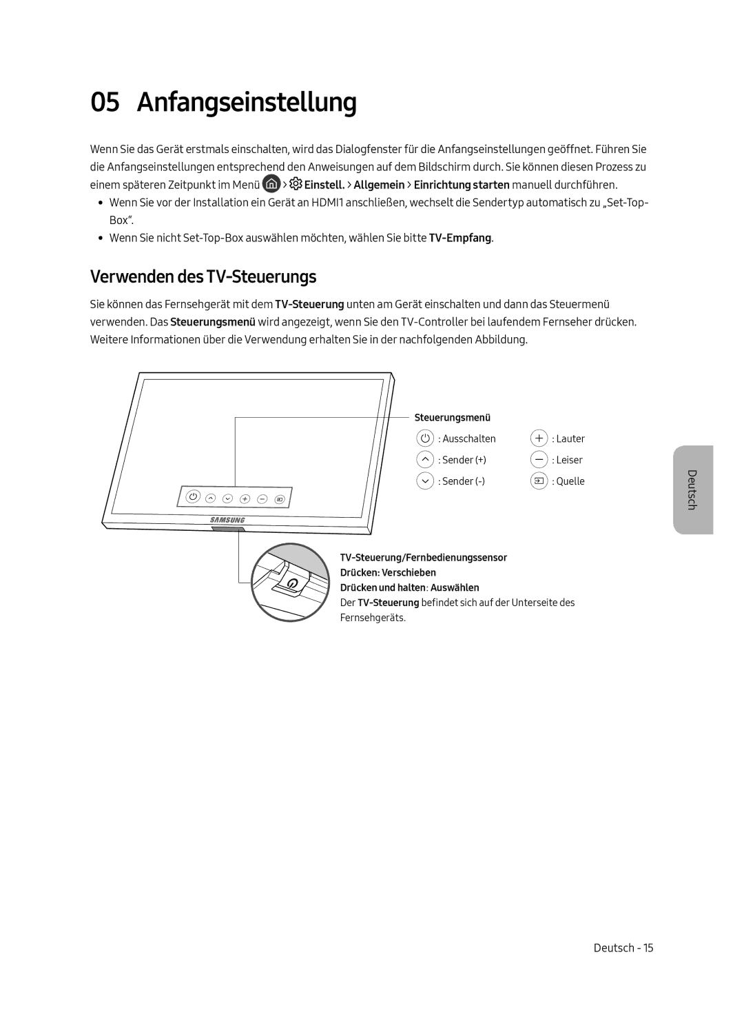 Samsung QE88Q9FAMTXXH, QE65Q9FAMTXXH, QE88Q9FAMTXXC, QE65Q9FAMTXXC manual Anfangseinstellung, Verwenden des TV-Steuerungs 