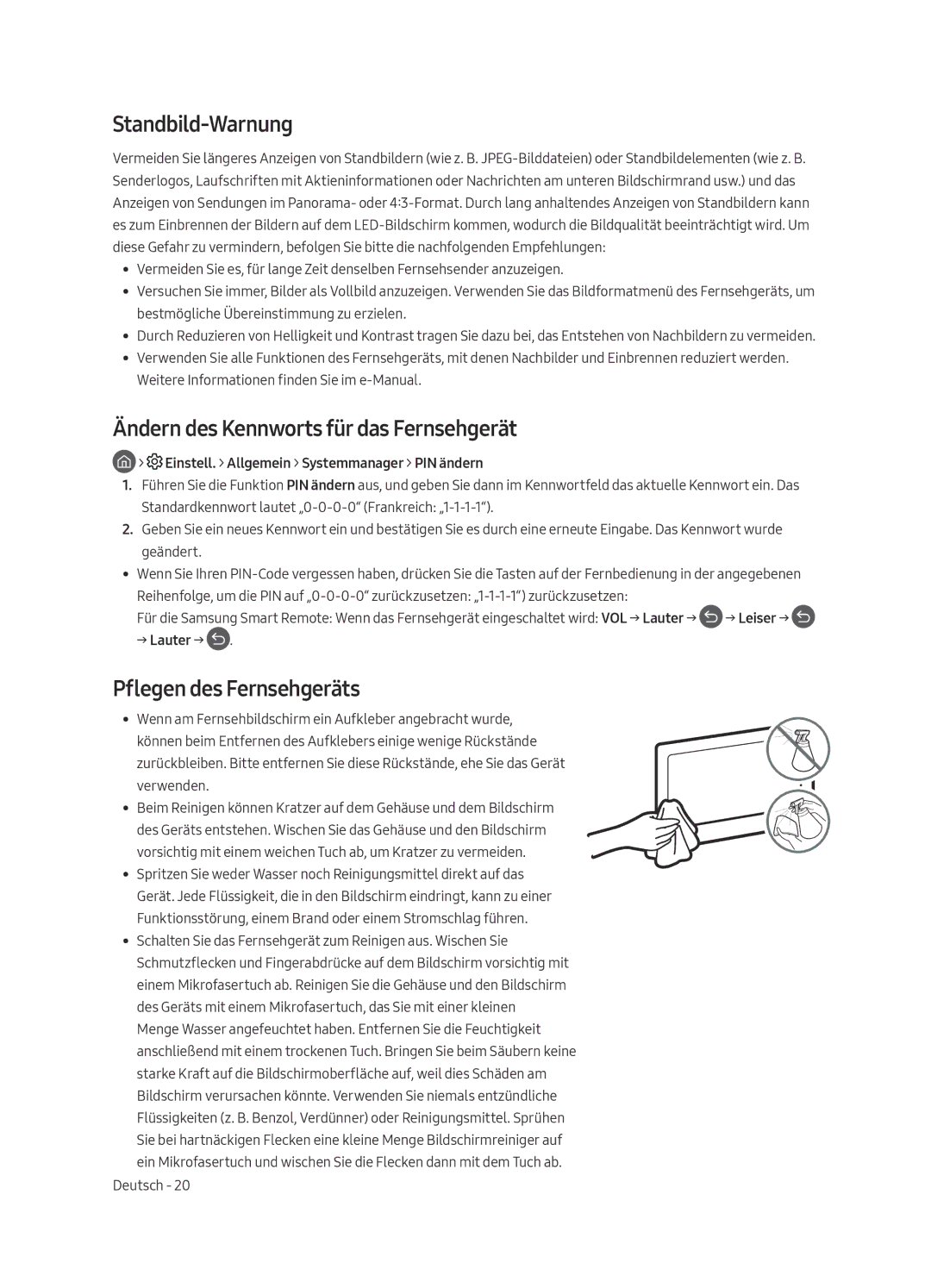 Samsung QE65Q9FAMTXXH Standbild-Warnung, Ändern des Kennworts für das Fernsehgerät, Pflegen des Fernsehgeräts, → Lauter → 