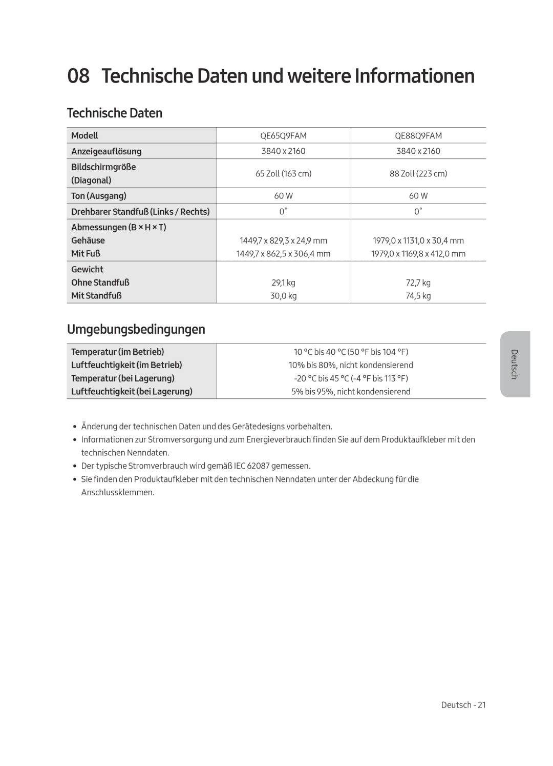 Samsung QE88Q9FAMTXXC, QE65Q9FAMTXXH, QE65Q9FAMTXXC, QE88Q9FAMTXXH manual Technische Daten, Umgebungsbedingungen 