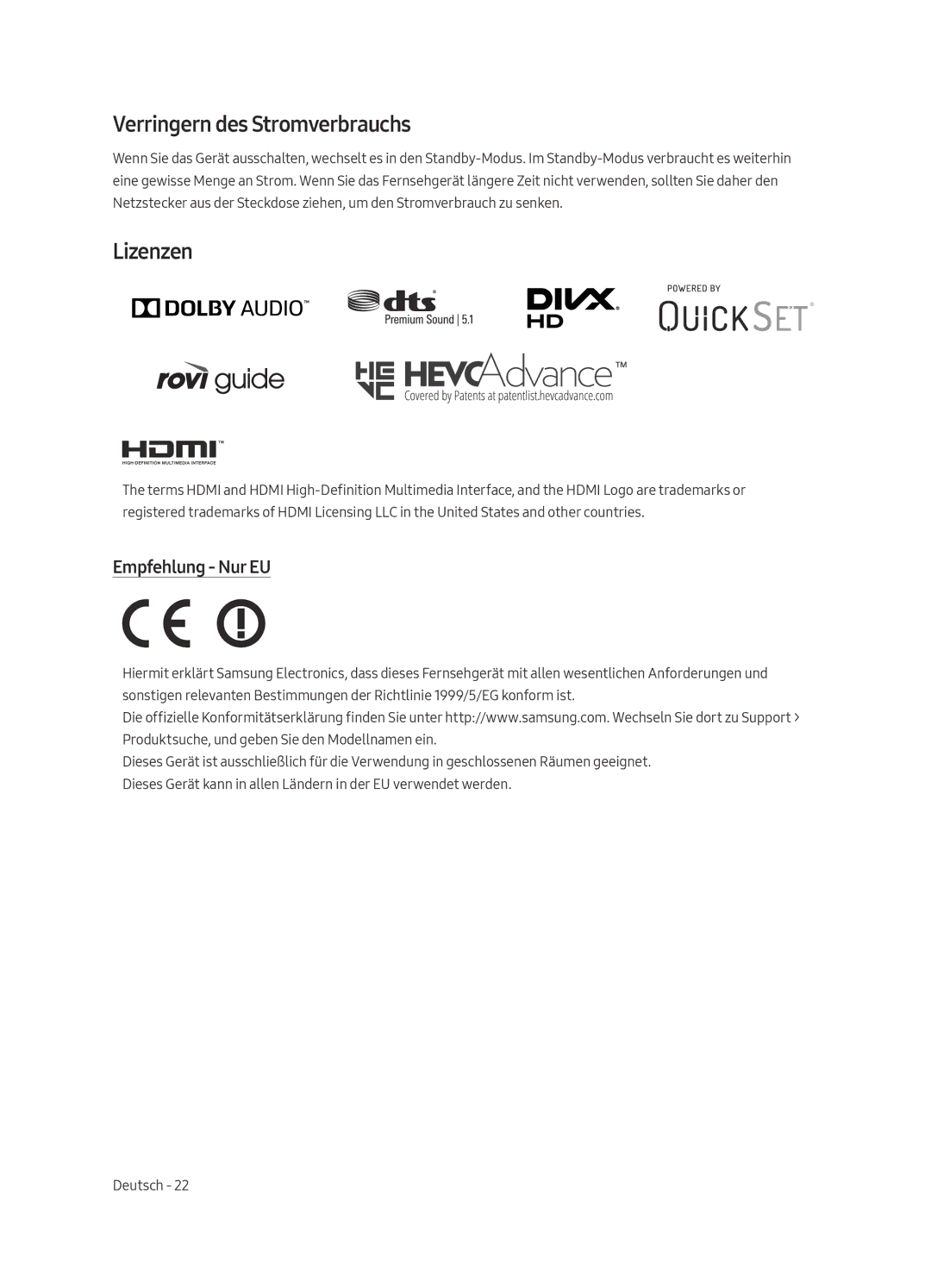 Samsung QE65Q9FAMTXXC, QE65Q9FAMTXXH, QE88Q9FAMTXXC manual Verringern des Stromverbrauchs, Lizenzen, Empfehlung Nur EU 