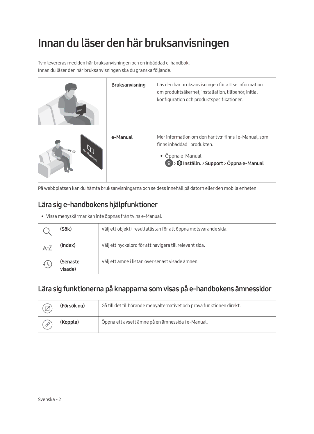 Samsung QE65Q9FAMTXXH, QE88Q9FAMTXXC manual Innan du läser den här bruksanvisningen, Lära sig e-handbokens hjälpfunktioner 