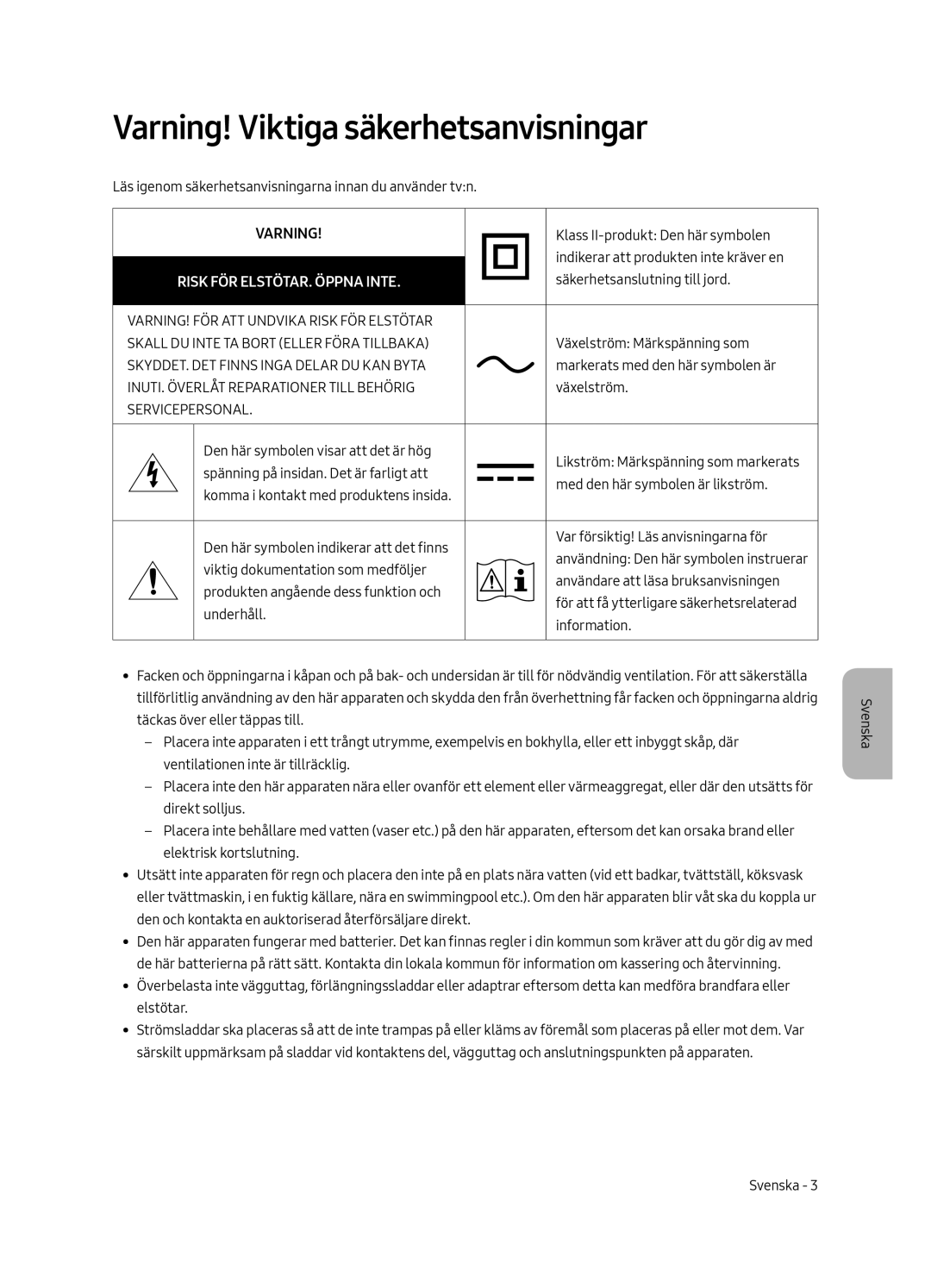 Samsung QE88Q9FAMTXXC Varning! Viktiga säkerhetsanvisningar, SKYDDET. DET Finns Inga Delar DU KAN Byta, Servicepersonal 