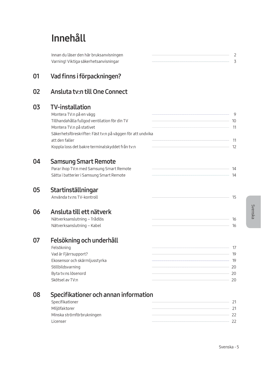 Samsung QE88Q9FAMTXXH, QE65Q9FAMTXXH manual Innehåll, Startinställningar, Ansluta till ett nätverk, Felsökning och underhåll 