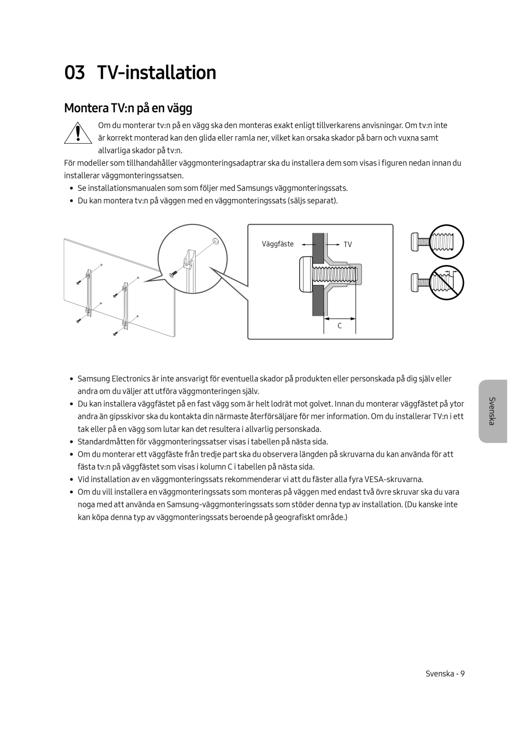 Samsung QE88Q9FAMTXXH, QE65Q9FAMTXXH, QE88Q9FAMTXXC, QE65Q9FAMTXXC manual TV-installation, Montera TVn på en vägg 
