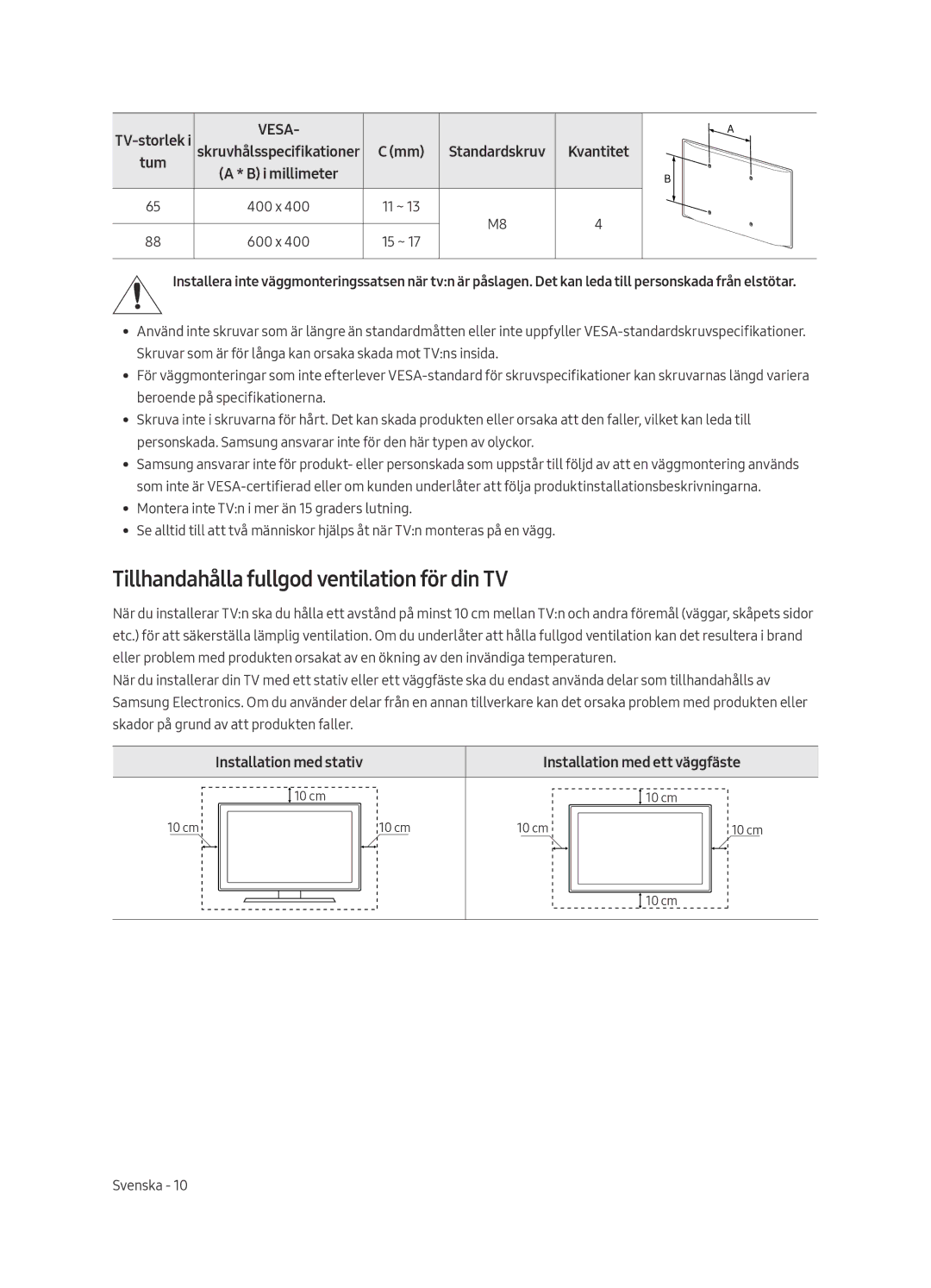 Samsung QE65Q9FAMTXXH, QE88Q9FAMTXXC, QE65Q9FAMTXXC, QE88Q9FAMTXXH Tillhandahålla fullgod ventilation för din TV, Kvantitet 