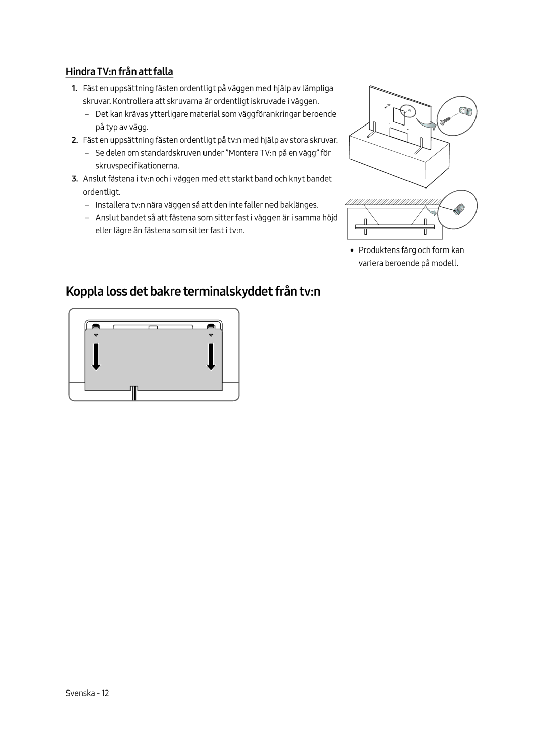 Samsung QE65Q9FAMTXXC, QE65Q9FAMTXXH manual Koppla loss det bakre terminalskyddet från tvn, Hindra TVn från att falla 