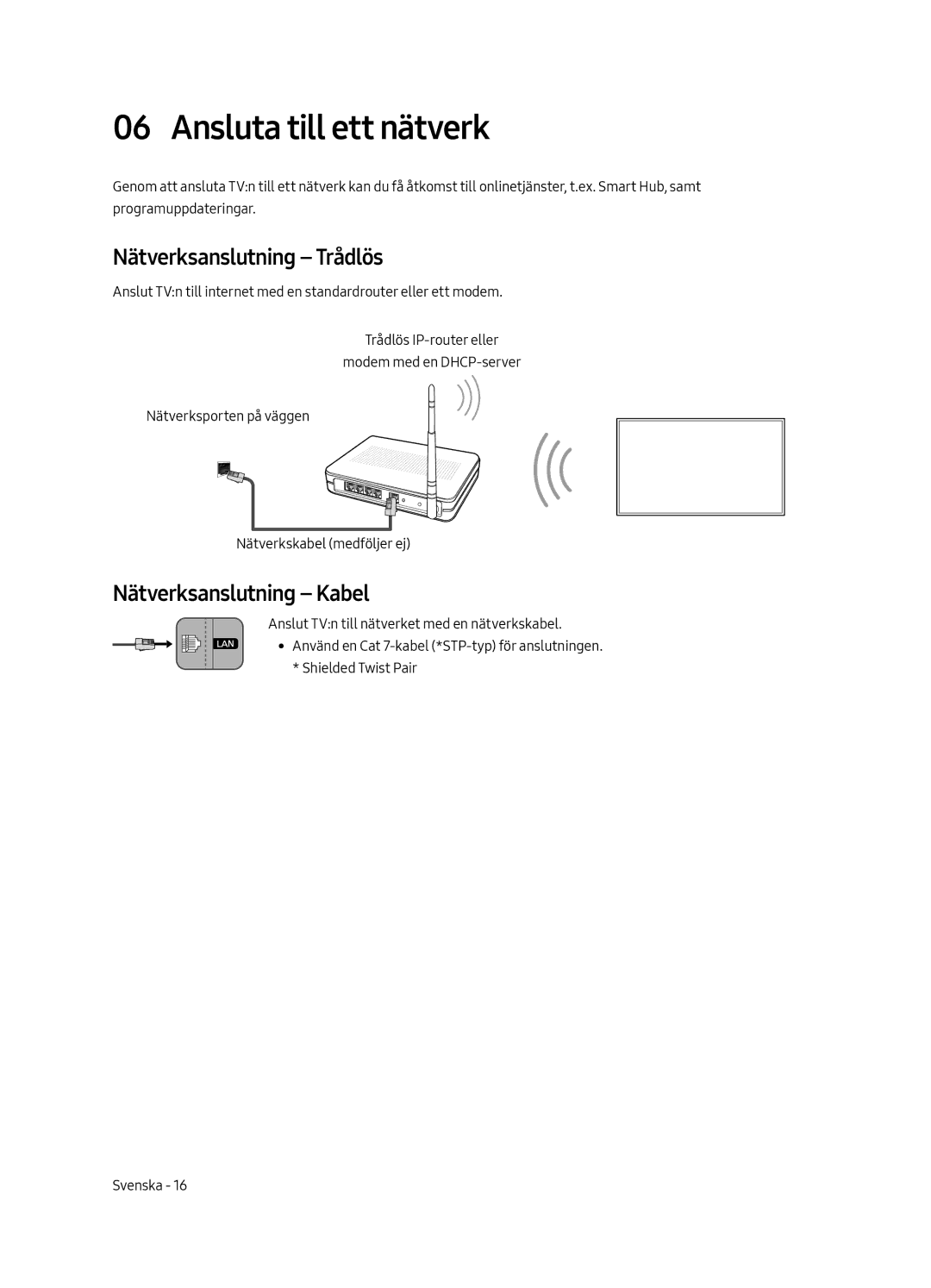 Samsung QE65Q9FAMTXXC, QE65Q9FAMTXXH manual Ansluta till ett nätverk, Nätverksanslutning Trådlös, Nätverksanslutning Kabel 