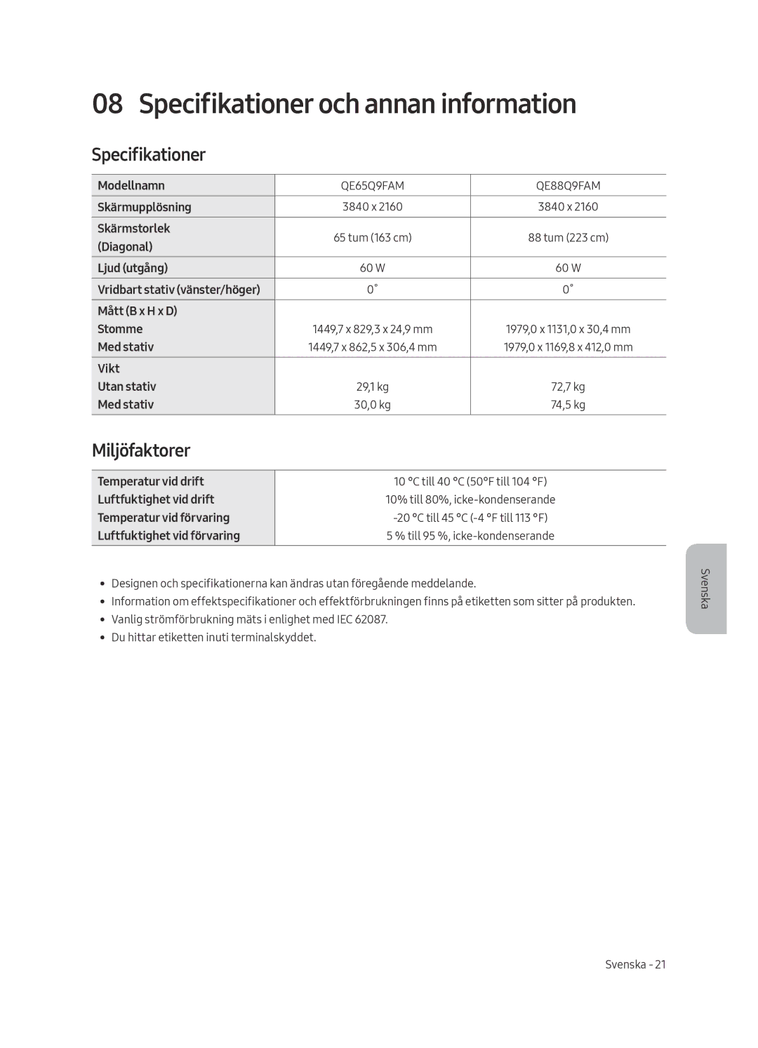 Samsung QE88Q9FAMTXXH, QE65Q9FAMTXXH, QE88Q9FAMTXXC, QE65Q9FAMTXXC manual Specifikationer och annan information, Miljöfaktorer 