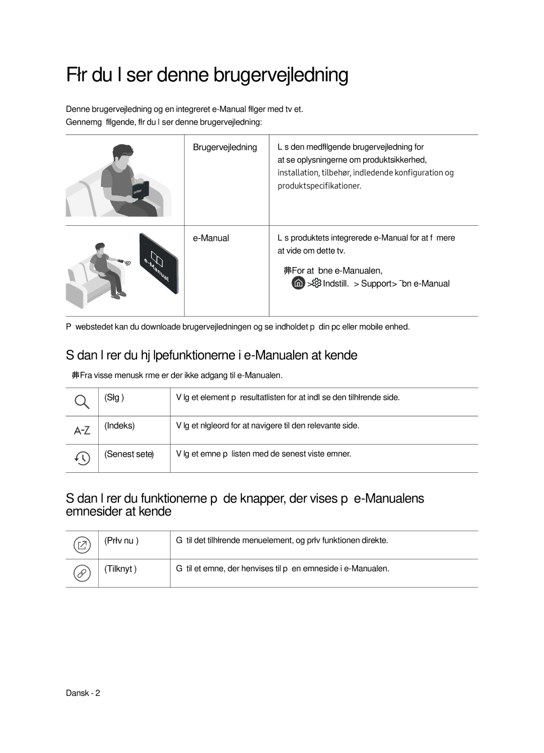 Samsung QE65Q9FAMTXXC manual Før du læser denne brugervejledning, Sådan lærer du hjælpefunktionerne i e-Manualen at kende 